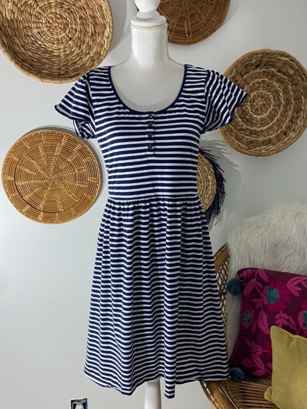 Draper James Navy and White Striped Scoop-Neck Midi Dress - Picture 3 of 11